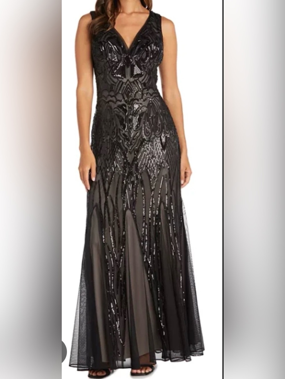 R&M Richards Black Beaded V-Neck Maxi Dress